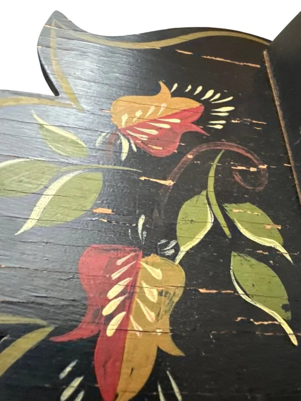Vintage Black Wooden Wall Shelf Floral Design Finish Charming Folk Art Rustic
